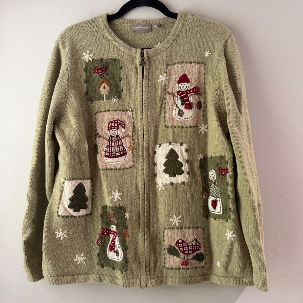 Croft & Barrow Cardigan Sweater Women 2X Green Excellent Zip Winter Snowman